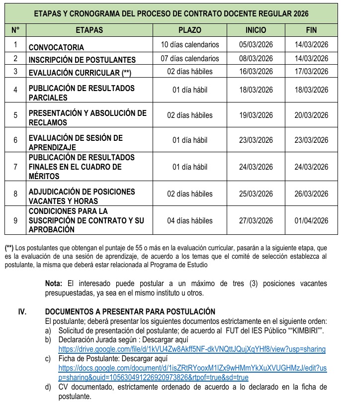 CONVOCATORIA Nro. 001-2026-GEREDU-IESP-“KIMBIRI”- LA CONVENCIÓN